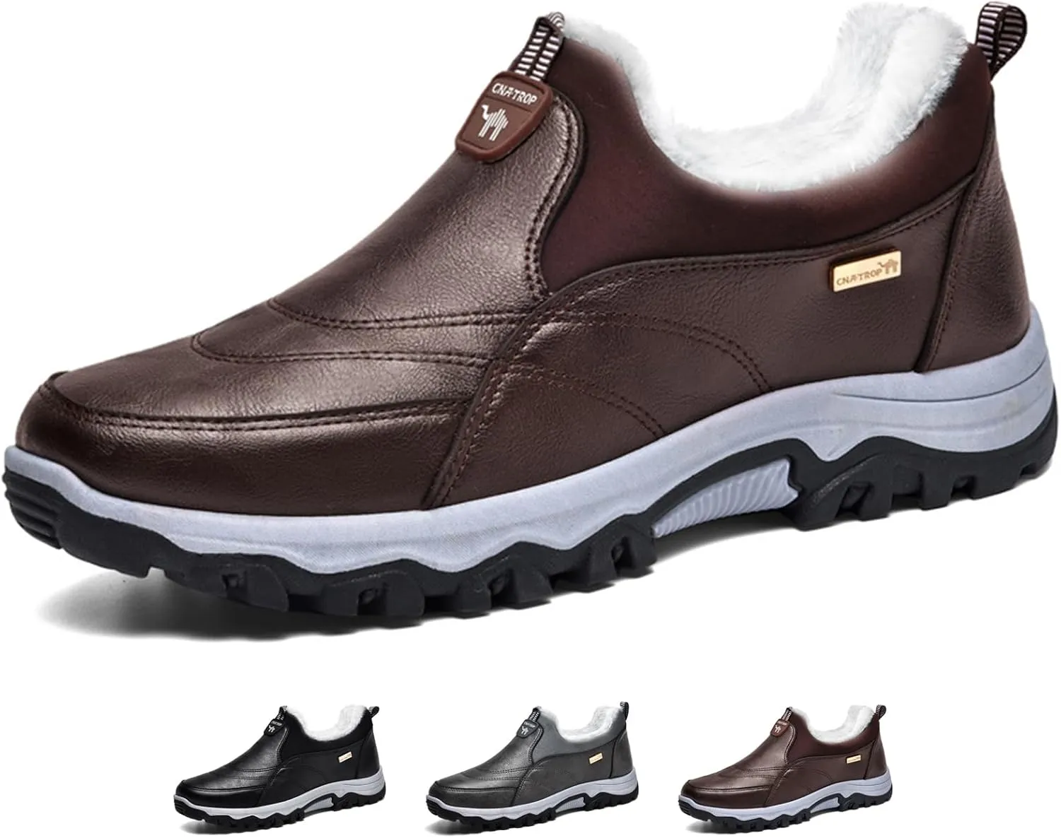Zeberfi Men's Warm Fur Lined Slip On Snow Boots Winter Casual Trekking Anti-Slip Waterproof Backpacking Leather Booties Lightweight Outdoor Walking Hiking Loafers